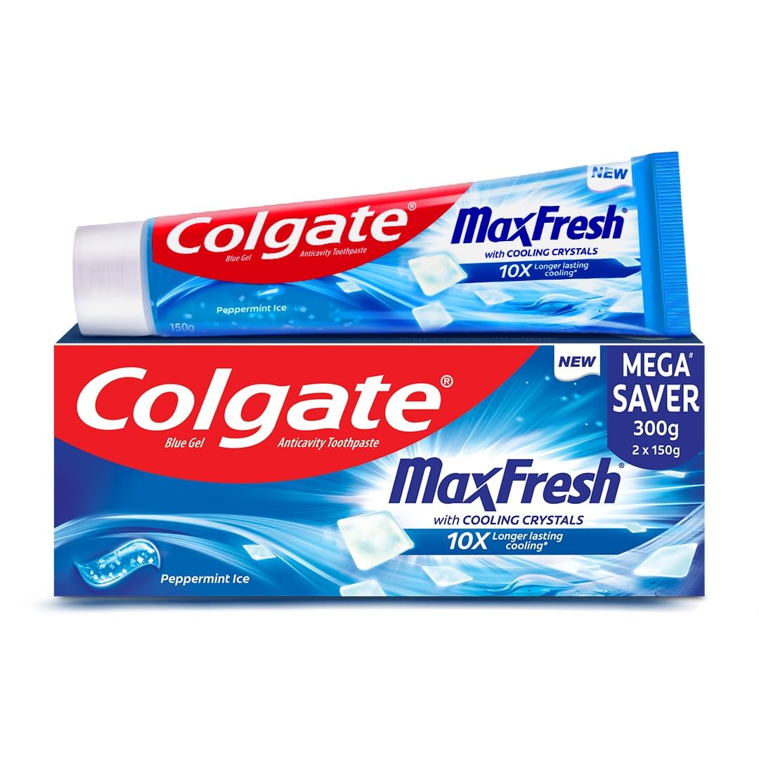 Colgate MaxFresh Breath Freshner Cavity Protection Toothpaste, 150 X 2 =300g, Peppermint Ice, Blue Gel Paste with Menthol, Cooling crystals for fresh breath